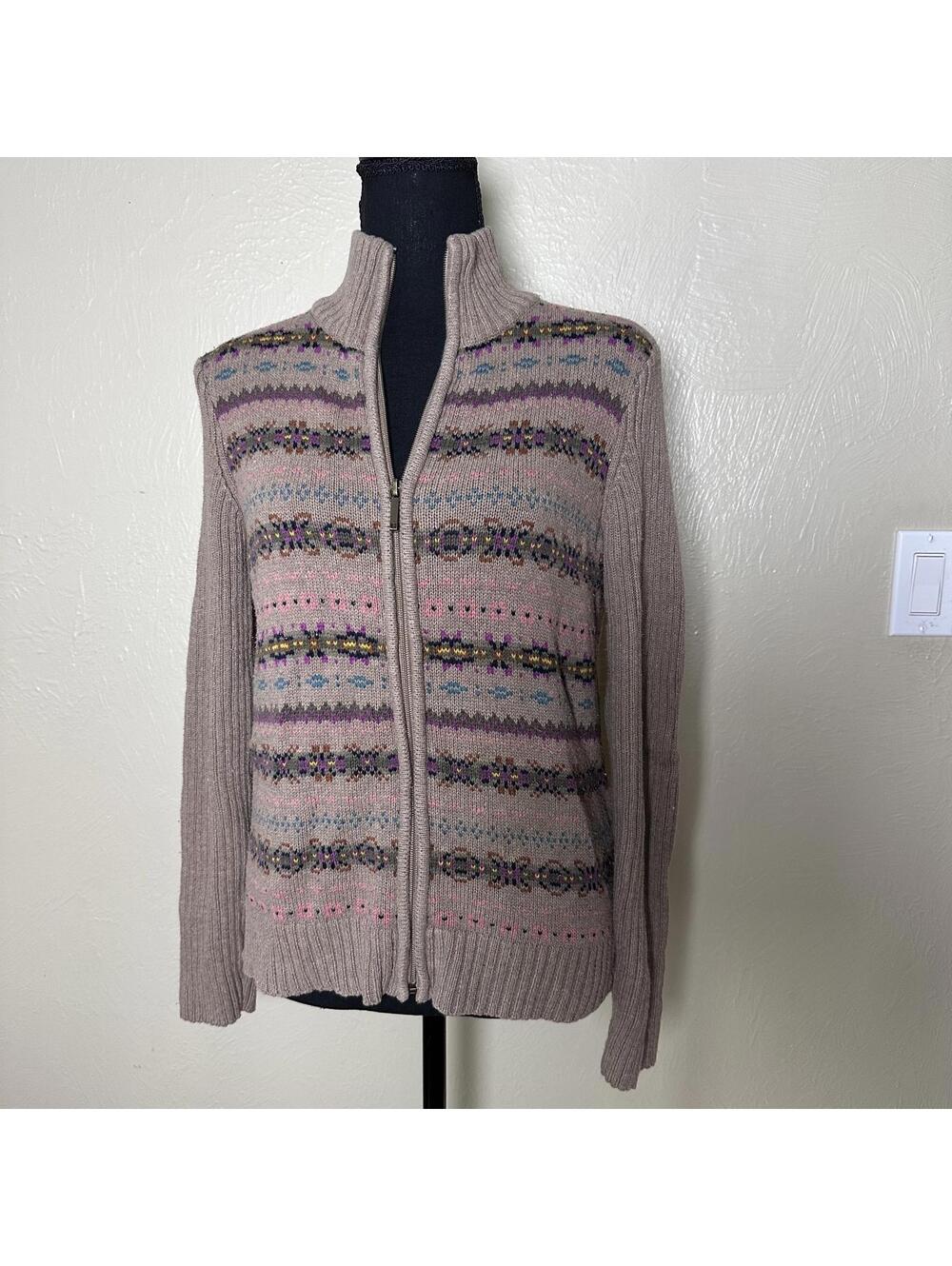Chaps Cotton Blend Zip Cardigan Ribbed Sleeve Neutral Cottagecore Sweater - Picture 2 of 7